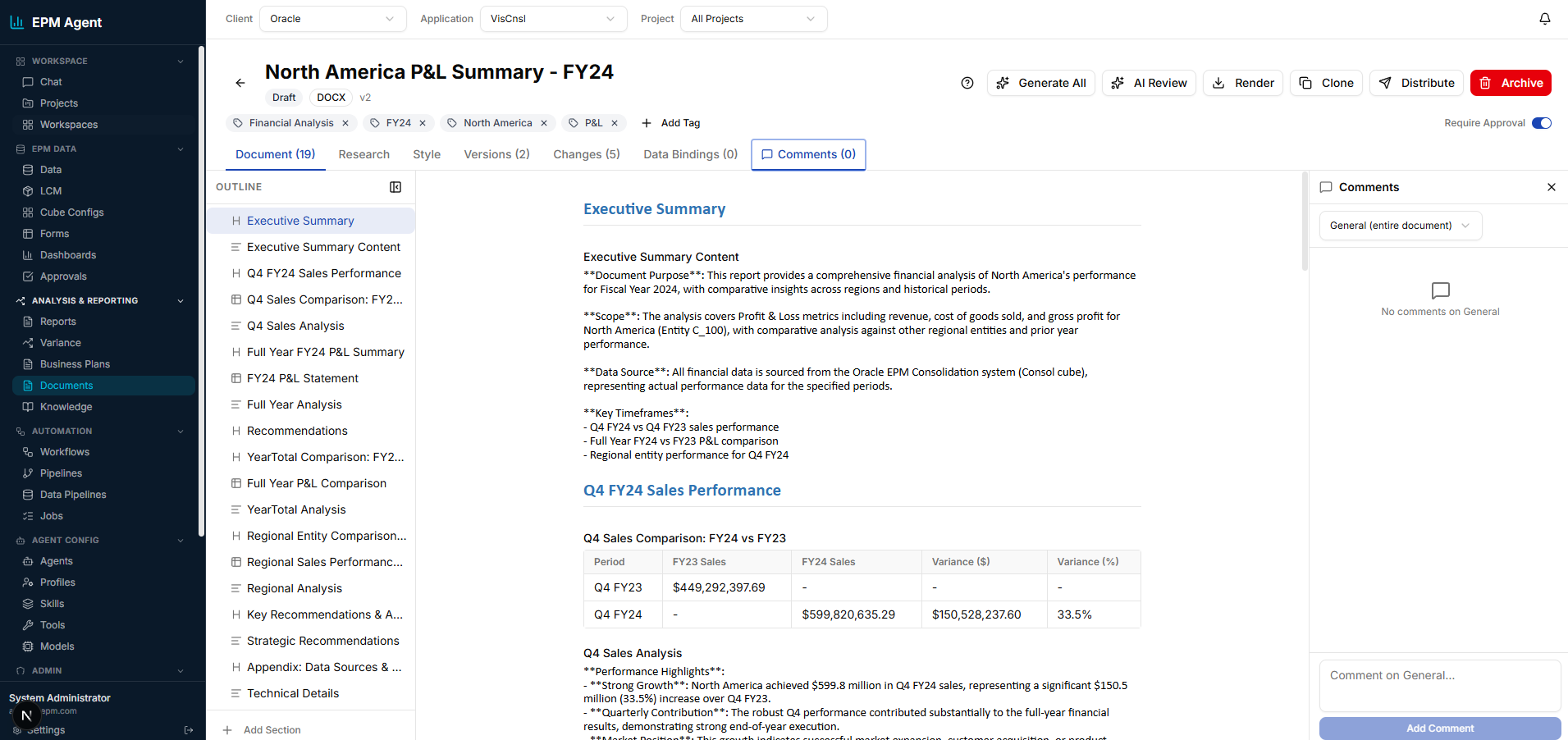 EPM Agent AI-generated North America P&L Summary document with sections, data tables, and comments