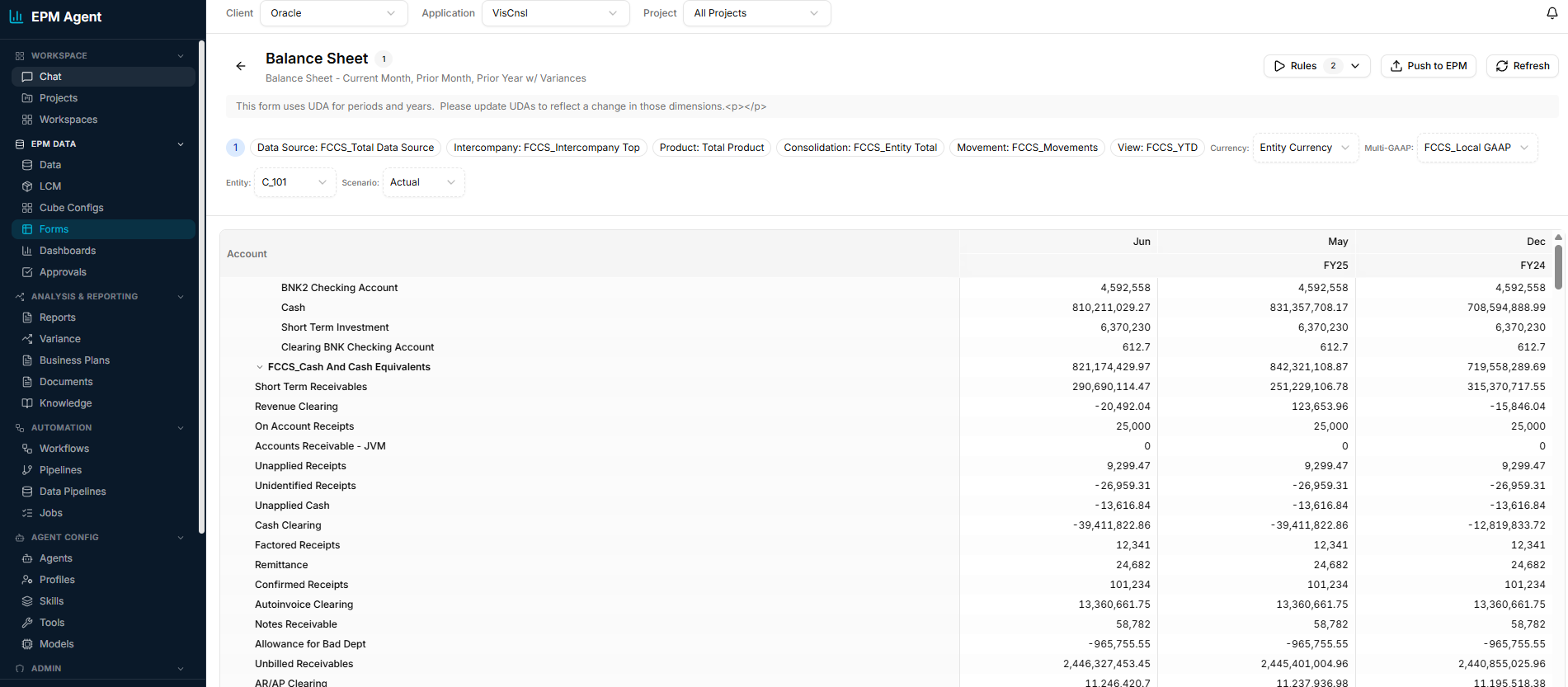 EPM Agent Balance Sheet form with live data grid, POV bar, and dimension selectors
